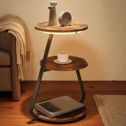 Round Side Table With 3-Color Led Lights & 3-Tier Storage - Rustic Brown