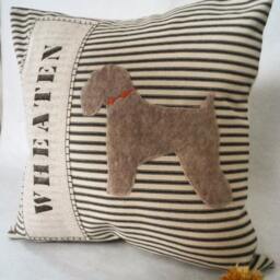 Wheaten Terrier Pillow Ticking Stripe Dog Silhouette, Custom Name Available - thumbnail 2