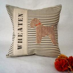 Wheaten Terrier Pillow Ticking Stripe Dog Silhouette, Custom Name Available - thumbnail 1