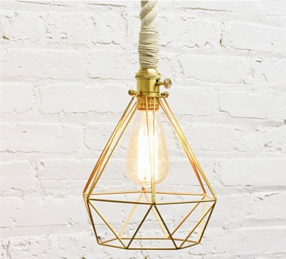 Diamond Cage Rope Pendant Light - Brass White Cotton Shabby Chic Rustic Lighting Hardwired Or Plug in Light Modern Farmhouse - image 1