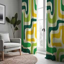 Green Yellow Retro Curtains, Abstract Wave Pattern Mid Century Modern Drapes, Custom Made Eyelet Or Rod Pocket Panels - thumbnail 4