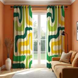 Green Yellow Retro Curtains, Abstract Wave Pattern Mid Century Modern Drapes, Custom Made Eyelet Or Rod Pocket Panels - thumbnail 1
