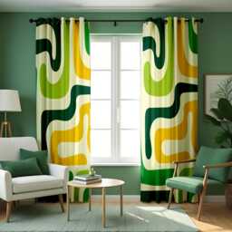 Green Yellow Retro Curtains, Abstract Wave Pattern Mid Century Modern Drapes, Custom Made Eyelet Or Rod Pocket Panels - thumbnail 2