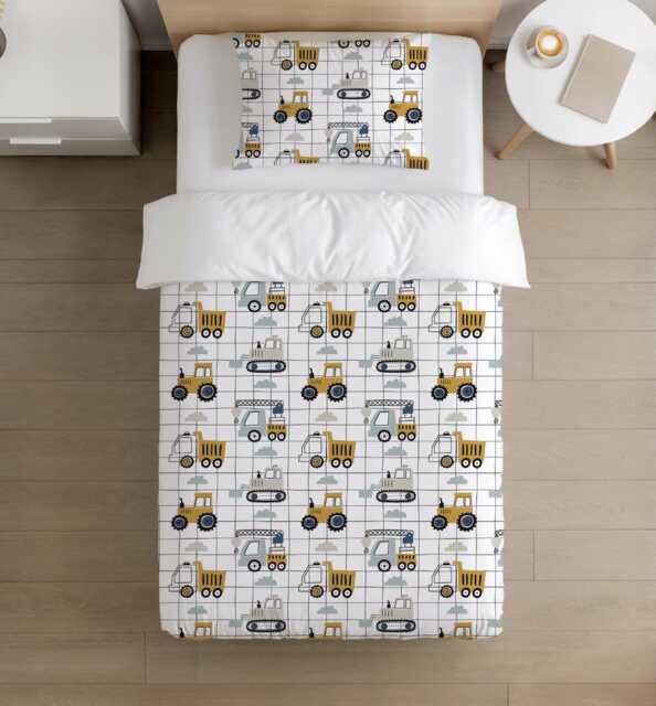 Bedding - Trucks & Diggers Grid, Duvet Cover Set, Fitted Sheets, Pillow Case, Modern Colourful Kids Bedding - image 1