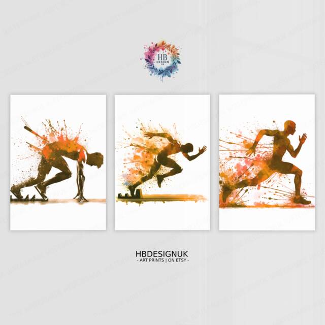 Orange Athletics Print Set - Of 3 Runner Posters - Sprinter Art Painting Decoration Decor Running Wall Poster Gift Run Gifts - image 1