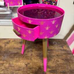 Hot Pink Gold Bees Round Bedside Table. Fun Bright Home Decor . Ideal For Nightstand Side Fuscia Glitter Top, Legs - thumbnail 2