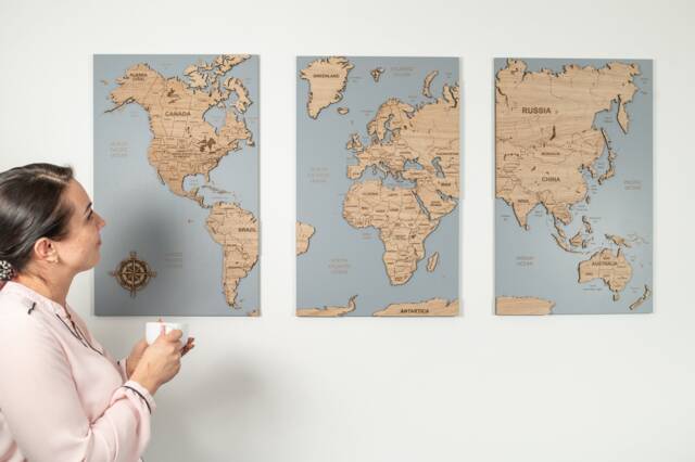 Oak Wood World Map, Wooden Travel Map Cork Push Pin Board Wall Art Home Decor, 3 Panel Feature Art, Huge Big Statement - image 1