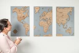 Oak Wood World Map, Wooden Travel Map Cork Push Pin Board Wall Art Home Decor, 3 Panel Feature Art, Huge Big Statement