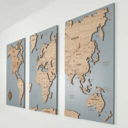 Oak Wood World Map, Wooden Travel Map Cork Push Pin Board Wall Art Home Decor, 3 Panel Feature Art, Huge Big Statement - thumbnail 3