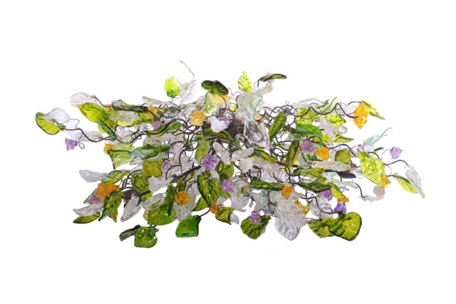 Hanging Oval Chandeliers With Green Clear Yellow & Purple Flowers Leaves For Dining Room - image 1