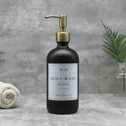 Matte Black Glass Soap Dispenser Refillable Bottle With Brass Pump & Waterproof Label - thumbnail 3