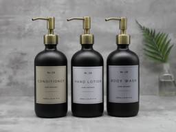 Matte Black Glass Soap Dispenser Refillable Bottle With Brass Pump & Waterproof Label - thumbnail 1