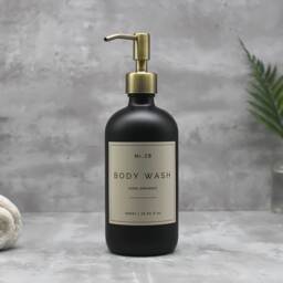 Matte Black Glass Soap Dispenser Refillable Bottle With Brass Pump & Waterproof Label - thumbnail 2