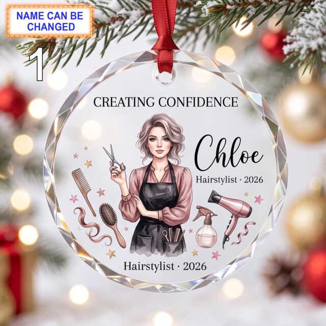 Creating Confidence Christmas Glass Ornament, Custom Hairstylist Keepsake With Scissors, Comb, Hair Dryer & Beauty Salon Details - image 1