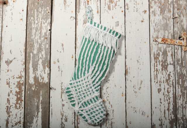 Fluffy Green & White Vintage Chenille Christmas Stocking With Matching Cuff - Wedding Ring, Flower - image 1
