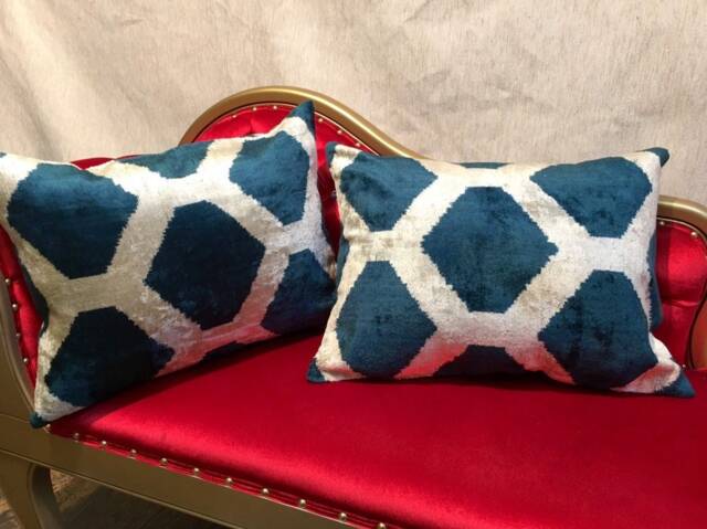 Set Of 2 Green Ikat Velvet Pillow Covers Handwoven Uzbek Boho Cushions - image 1
