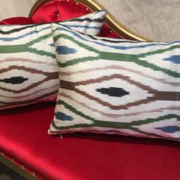Set Of 2 Green Ikat Velvet Pillow Covers Handwoven Uzbek Boho Cushions - thumbnail 2