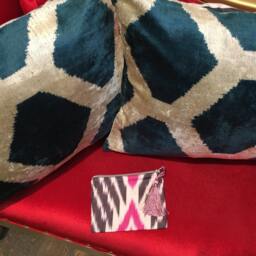 Set Of 2 Green Ikat Velvet Pillow Covers Handwoven Uzbek Boho Cushions - thumbnail 3