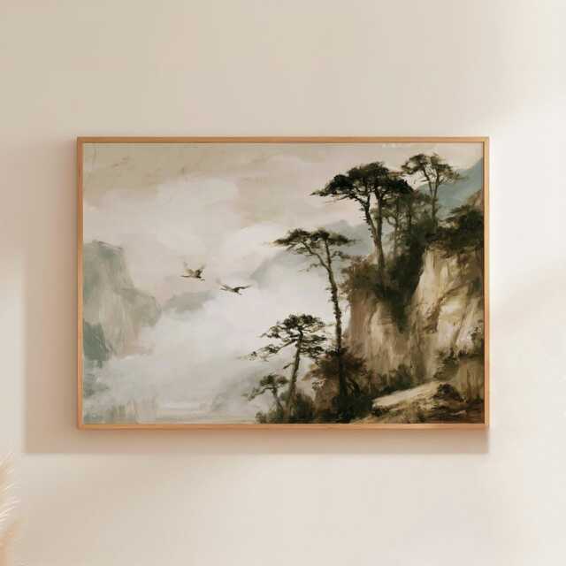 Misty Mountain Poster, Cliff Landscape Print, Nature Wall Art, Paper - image 1