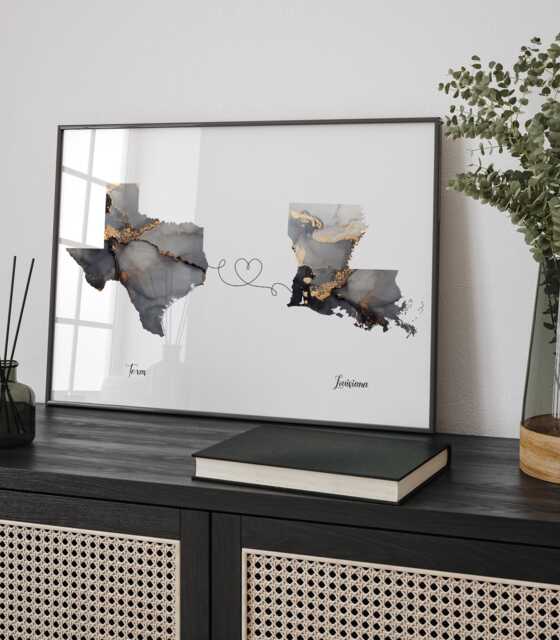 Texas & Louisiana Map Black & Gold Travel Wall Art Print - Moving Home Gift - image 1