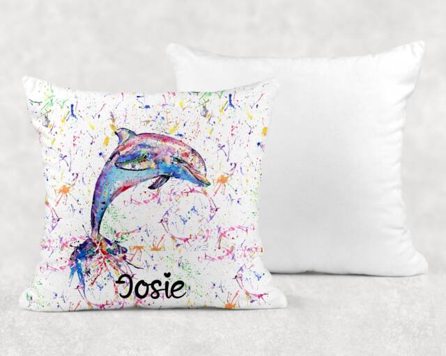 Personalised Watercolour Rainbow Dolphin Cushion, Cuddle Pillow, Birthday Gift - image 1