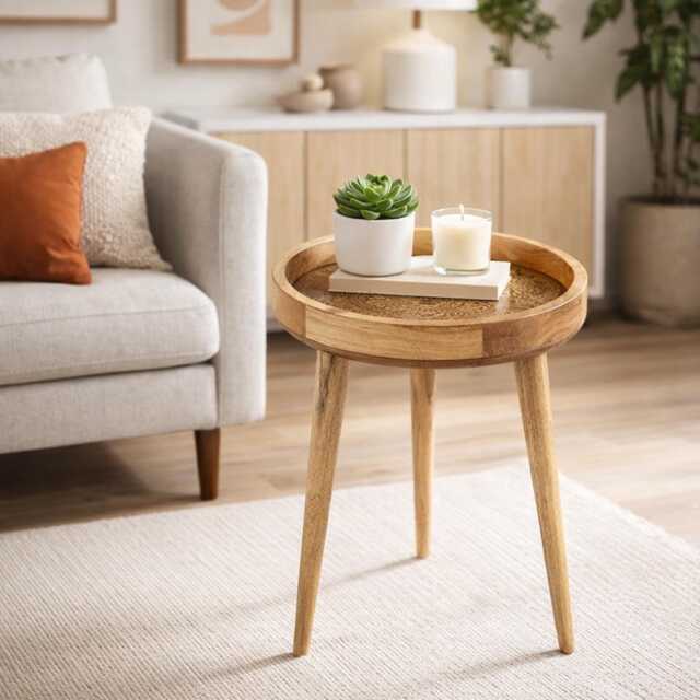 Mid Century Modern Side Table Round Embossed Goldish Brass Vintage Style Coffee - image 1