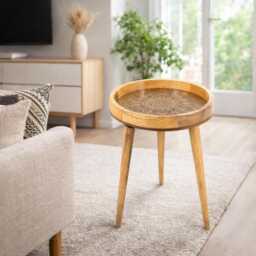 Mid Century Modern Side Table Round Embossed Goldish Brass Vintage Style Coffee - thumbnail 2