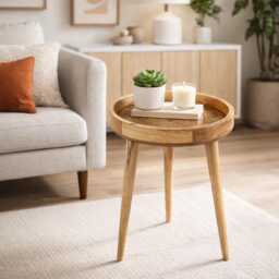 Mid Century Modern Side Table Round Embossed Goldish Brass Vintage Style Coffee