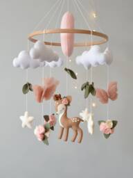 Deer Baby Mobile Girl. Butterflies Mobile. Baby Shower Gift. Flowers Woodland