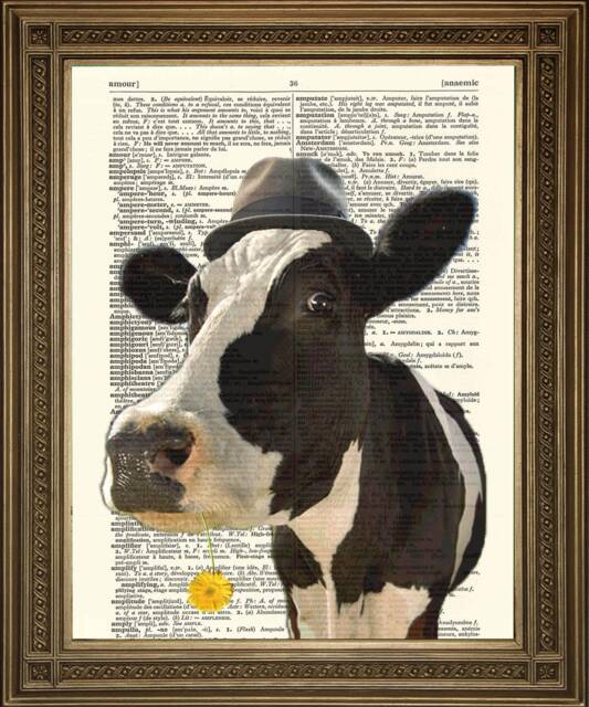 Cow Print Fun Animal Art, Printed On Vintage Dictionary Pages - image 1