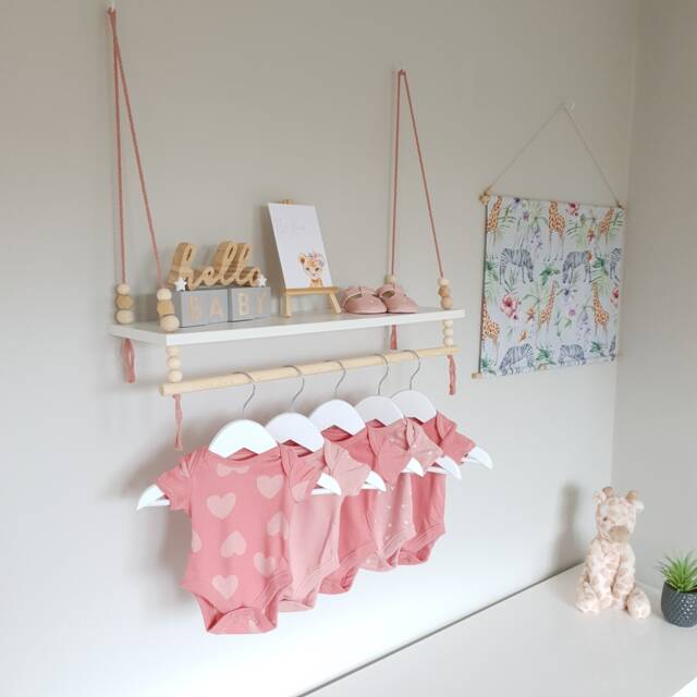 Nursery Shelf With Clothes Rail, Shelves White Shelf, Rope Swing Shelves, Hanging Peg Decor - image 1