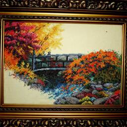 Framed Autumn Bridge Cross Stitch Handmade Fall Landscape Wall Decor - 36x26 cm - thumbnail 2