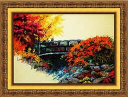 Framed Autumn Bridge Cross Stitch Handmade Fall Landscape Wall Decor - 36x26 cm - thumbnail 1