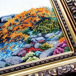 Framed Autumn Bridge Cross Stitch Handmade Fall Landscape Wall Decor - 36x26 cm - thumbnail 3