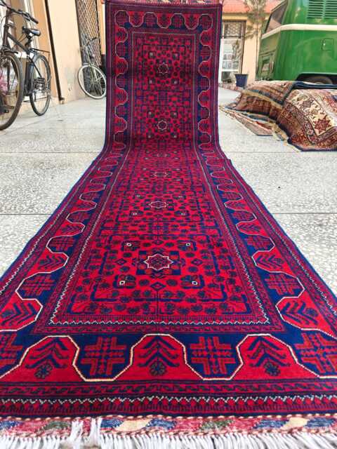 Red & Navy Bukhara Afghan Runner Rug Handwoven Wool Hallway Rug - 9.8x2.6Ft - image 1