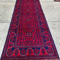 Red & Navy Bukhara Afghan Runner Rug Handwoven Wool Hallway Rug - 9.8x2.6Ft - thumbnail 2