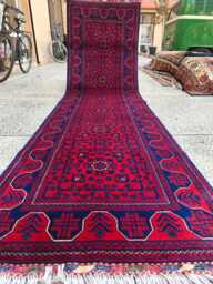 Red & Navy Bukhara Afghan Runner Rug Handwoven Wool Hallway Rug - 9.8x2.6Ft - thumbnail 1
