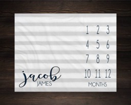 Boy Milestone Blanket Month Baby Growth Tracker Soft Fleece Shower Newborn Gift Watch Me Grow Gray Stripes - thumbnail 1