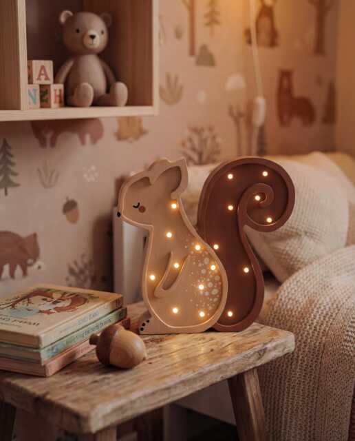 Wooden Squirrel Nursery Night Light - Personalized Brown Handmade Lamp For Kids Children's Animal Woodland Room Decor Baby Forest Gift - image 1