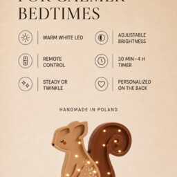 Wooden Squirrel Nursery Night Light - Personalized Brown Handmade Lamp For Kids Children's Animal Woodland Room Decor Baby Forest Gift - thumbnail 3