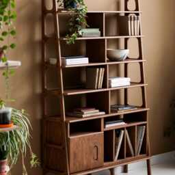 Modular Wall Shelving, Ladder Bookshelf With Vinyl Storage & Open Cabinet, Walnut Bookcase 190 cm, Mid Century Unit - thumbnail 2