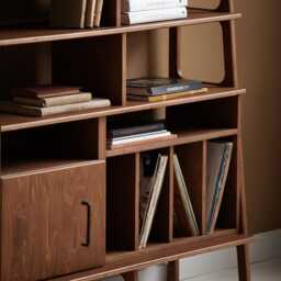 Modular Wall Shelving, Ladder Bookshelf With Vinyl Storage & Open Cabinet, Walnut Bookcase 190 cm, Mid Century Unit - thumbnail 3