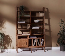 Modular Wall Shelving, Ladder Bookshelf With Vinyl Storage & Open Cabinet, Walnut Bookcase 190 cm, Mid Century Unit