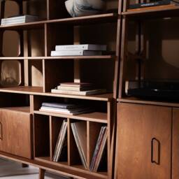 Modular Wall Shelving, Ladder Bookshelf With Vinyl Storage & Open Cabinet, Walnut Bookcase 190 cm, Mid Century Unit - thumbnail 4