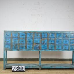 Large 7Ft Vintage Indian Wooden Painted Apothecary Drawers Sideboard - thumbnail 4