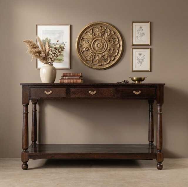 Reclaimed Teak Wood Console Table - Rustic Sideboard/Kitchen Island With Drawers & Shelf - image 1