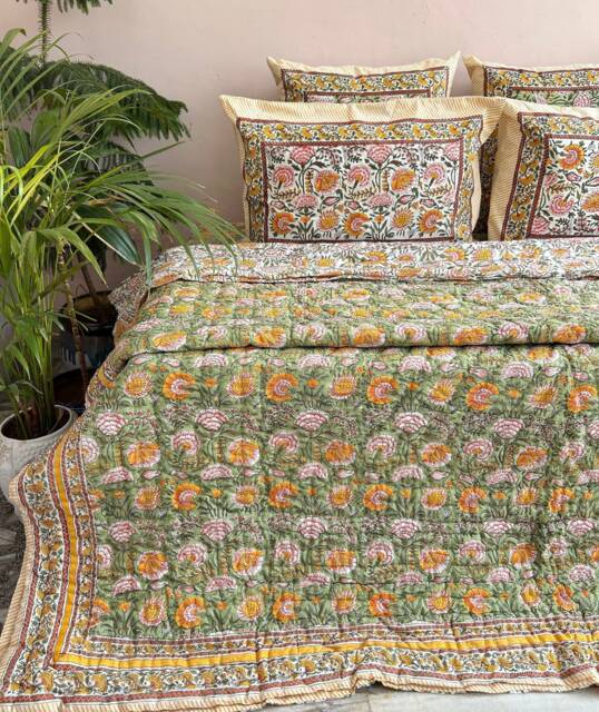 Handmade Indian Block Print Cotton Quilt Reversible Floral Bedspread - image 1