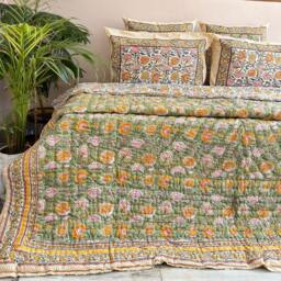 Handmade Indian Block Print Cotton Quilt Reversible Floral Bedspread - thumbnail 2