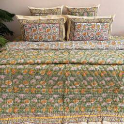 Handmade Indian Block Print Cotton Quilt Reversible Floral Bedspread - thumbnail 3
