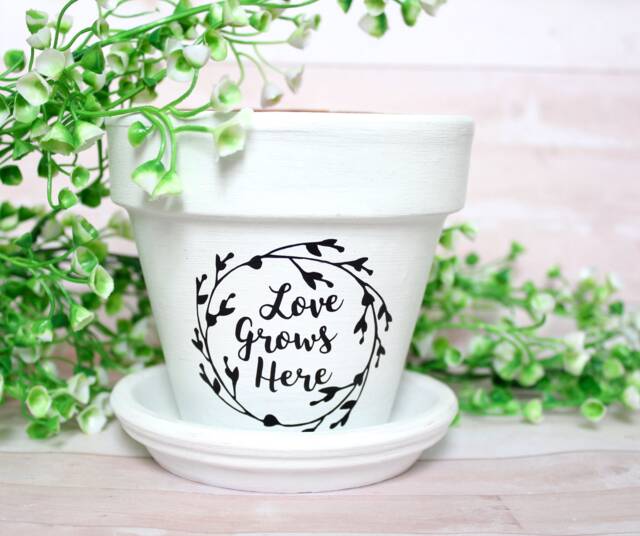 Personalized Love Grows Here Flower Pot, Farmhouse Decor Housewarming Wedding Bridal Gift - image 1